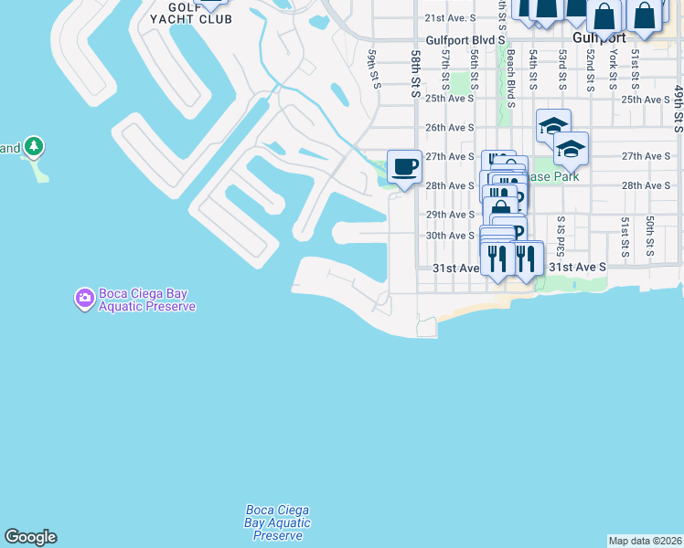 map of restaurants, bars, coffee shops, grocery stores, and more near 6020 Shore Boulevard South in Gulfport