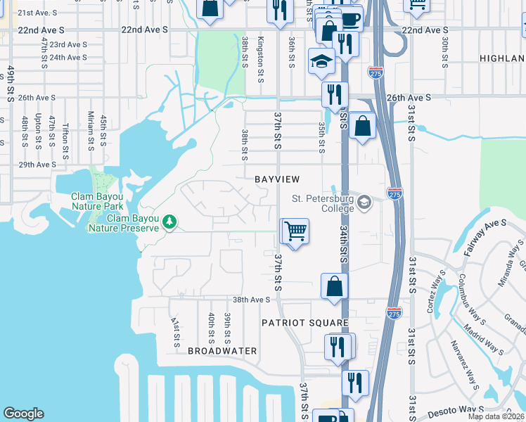 map of restaurants, bars, coffee shops, grocery stores, and more near 3275 37th Way South in St. Petersburg