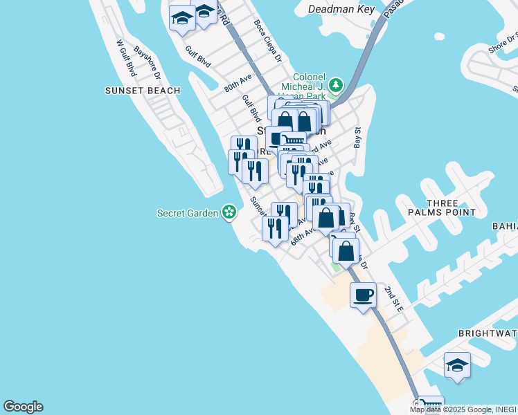 map of restaurants, bars, coffee shops, grocery stores, and more near 7050 Sunset Way in St. Pete Beach