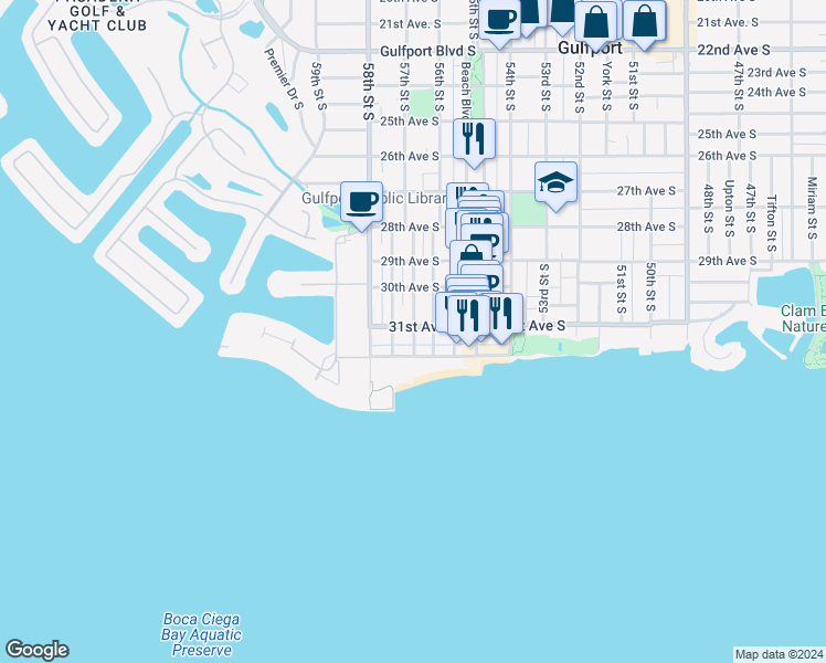 map of restaurants, bars, coffee shops, grocery stores, and more near 5665 Shore Boulevard South in Gulfport