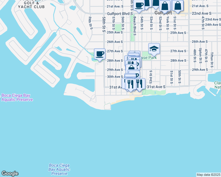 map of restaurants, bars, coffee shops, grocery stores, and more near 5731 Shore Boulevard South in Gulfport