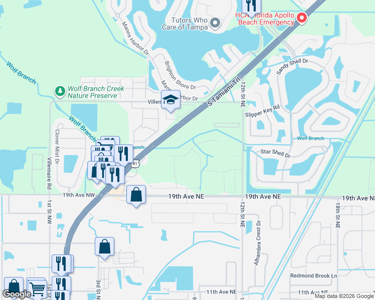 map of restaurants, bars, coffee shops, grocery stores, and more near 910 19th Avenue Northeast in Apollo Beach
