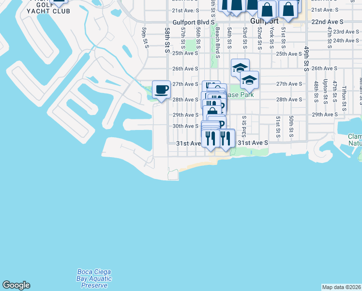 map of restaurants, bars, coffee shops, grocery stores, and more near 5731 Shore Boulevard South in Gulfport