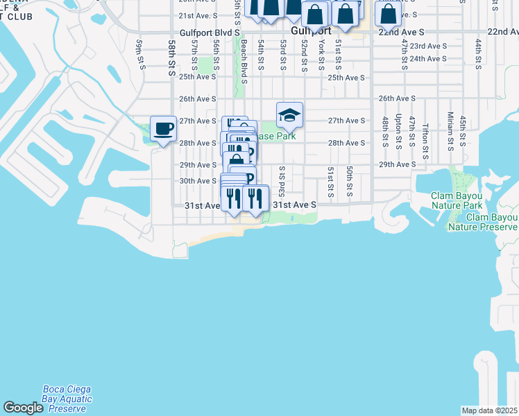 map of restaurants, bars, coffee shops, grocery stores, and more near 5413 Shore Boulevard South in Gulfport