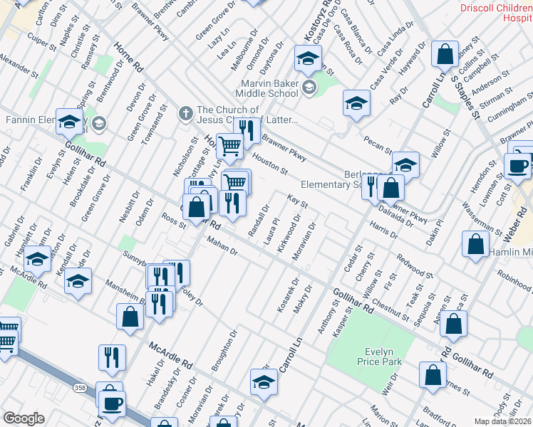 map of restaurants, bars, coffee shops, grocery stores, and more near 4414 Randall Drive in Corpus Christi
