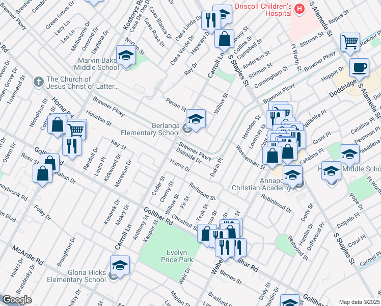 map of restaurants, bars, coffee shops, grocery stores, and more near 3642 Dalraida Drive in Corpus Christi