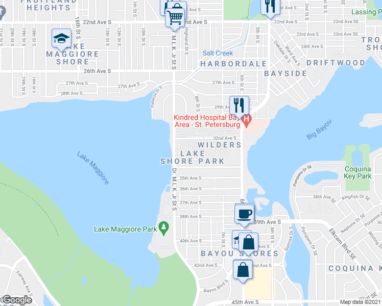 map of restaurants, bars, coffee shops, grocery stores, and more near 34th Avenue South in St. Petersburg