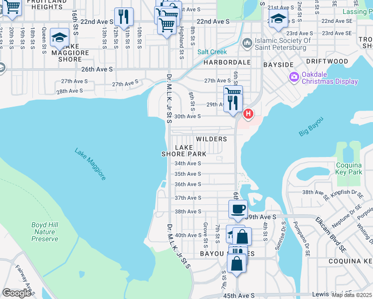 map of restaurants, bars, coffee shops, grocery stores, and more near 34th Avenue South in St. Petersburg