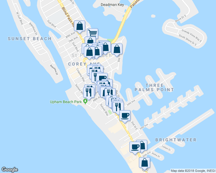 map of restaurants, bars, coffee shops, grocery stores, and more near 6755 Gulf Winds Drive in St. Pete Beach