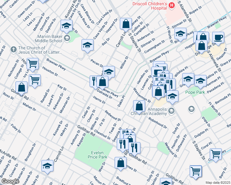 map of restaurants, bars, coffee shops, grocery stores, and more near 3737 Brawner Parkway in Corpus Christi