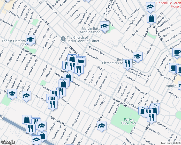 map of restaurants, bars, coffee shops, grocery stores, and more near 4414 Randall Drive in Corpus Christi