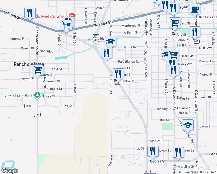 map of restaurants, bars, coffee shops, grocery stores, and more near 620 Esperanza Street in Alice