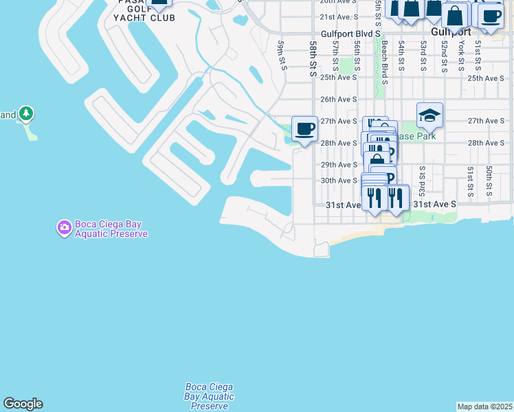 map of restaurants, bars, coffee shops, grocery stores, and more near 6020 Shore Boulevard South in Gulfport