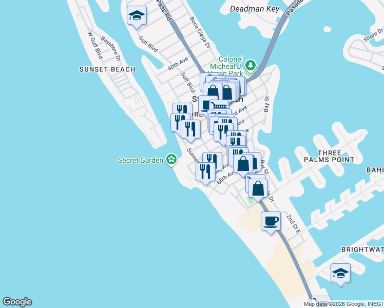 map of restaurants, bars, coffee shops, grocery stores, and more near 7050 Sunset Way in St. Pete Beach