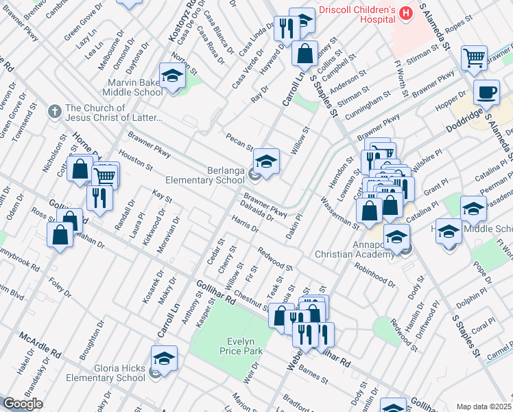 map of restaurants, bars, coffee shops, grocery stores, and more near 3636 Dalraida Drive in Corpus Christi