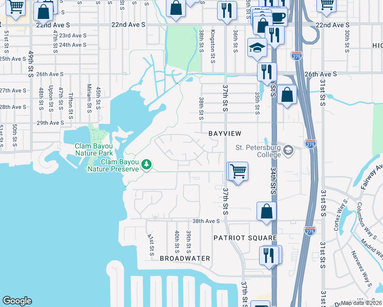 map of restaurants, bars, coffee shops, grocery stores, and more near 3247 38th Way South in St. Petersburg