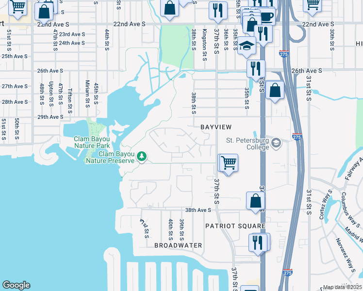 map of restaurants, bars, coffee shops, grocery stores, and more near 3202 39th Street South in St. Petersburg