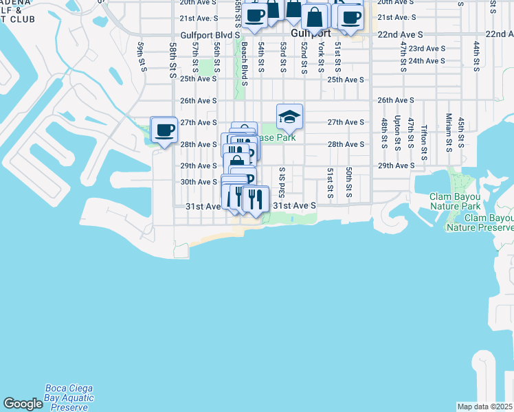map of restaurants, bars, coffee shops, grocery stores, and more near 5409 Delette Avenue South in Gulfport