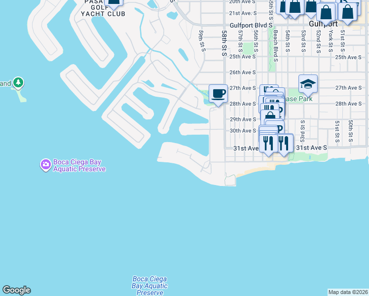 map of restaurants, bars, coffee shops, grocery stores, and more near 5960 30th Avenue South in Gulfport