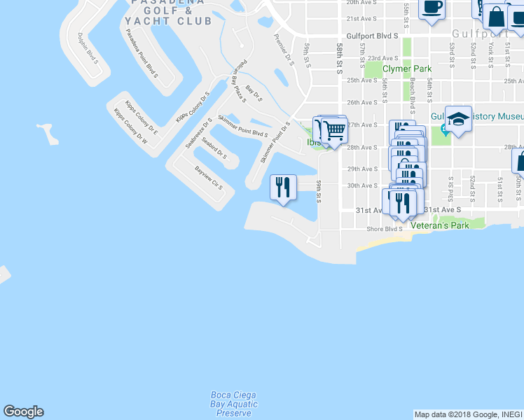 map of restaurants, bars, coffee shops, grocery stores, and more near 2846 Skimmer Point Drive South in Gulfport