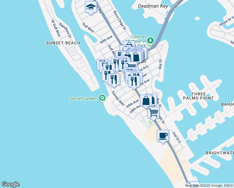 map of restaurants, bars, coffee shops, grocery stores, and more near 605 72nd Avenue in St. Pete Beach