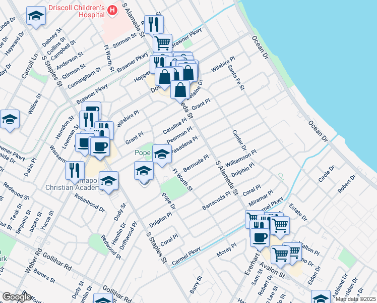 map of restaurants, bars, coffee shops, grocery stores, and more near 522 Pasadena Place in Corpus Christi