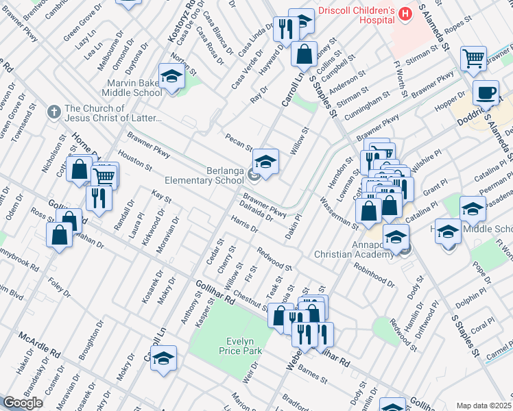 map of restaurants, bars, coffee shops, grocery stores, and more near 4120 Carroll Lane in Corpus Christi