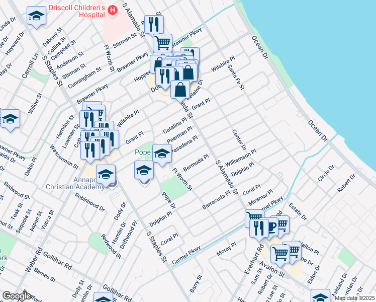 map of restaurants, bars, coffee shops, grocery stores, and more near 522 Pasadena Place in Corpus Christi