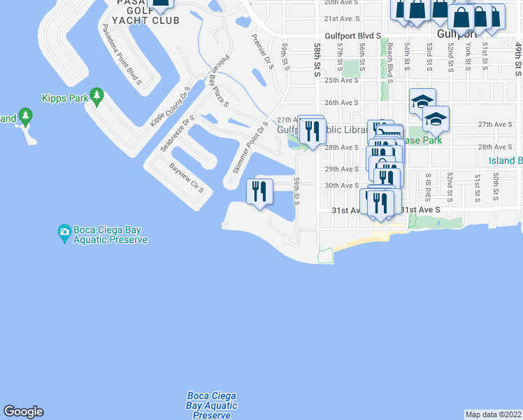 map of restaurants, bars, coffee shops, grocery stores, and more near 5960 30th Avenue South in Gulfport