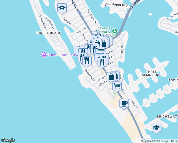map of restaurants, bars, coffee shops, grocery stores, and more near 605 72nd Avenue in St. Pete Beach