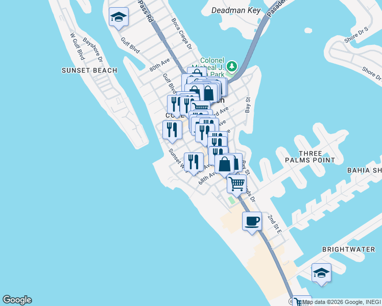 map of restaurants, bars, coffee shops, grocery stores, and more near 505 71st Avenue in St. Pete Beach
