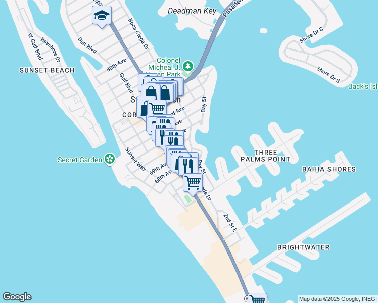 map of restaurants, bars, coffee shops, grocery stores, and more near 340 70th Avenue in St. Pete Beach