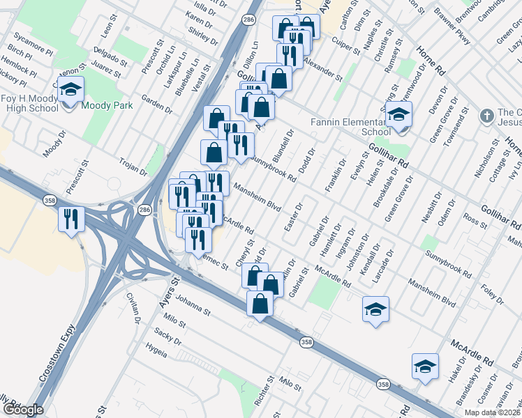 map of restaurants, bars, coffee shops, grocery stores, and more near 4745 Cheryl Drive in Corpus Christi