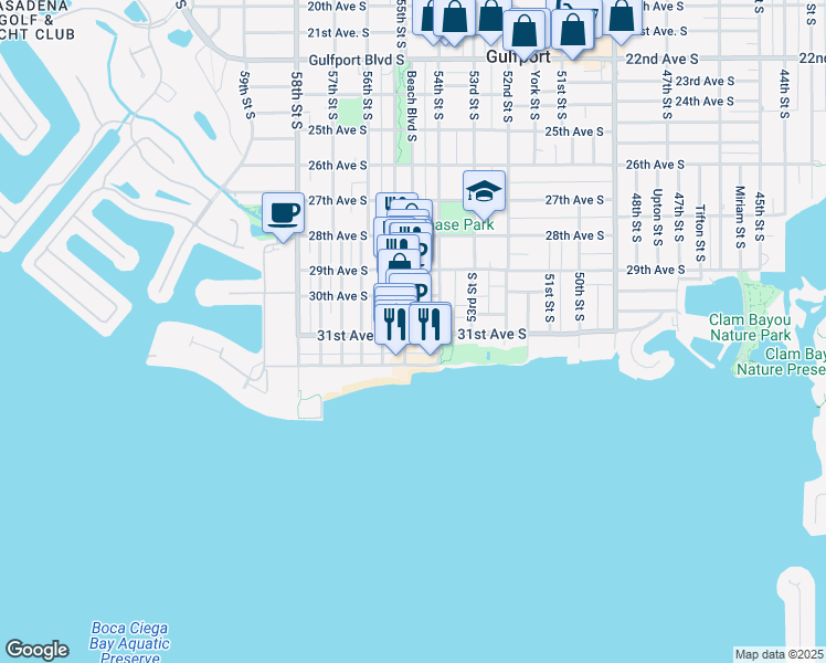 map of restaurants, bars, coffee shops, grocery stores, and more near 5409 Delette Avenue South in Gulfport