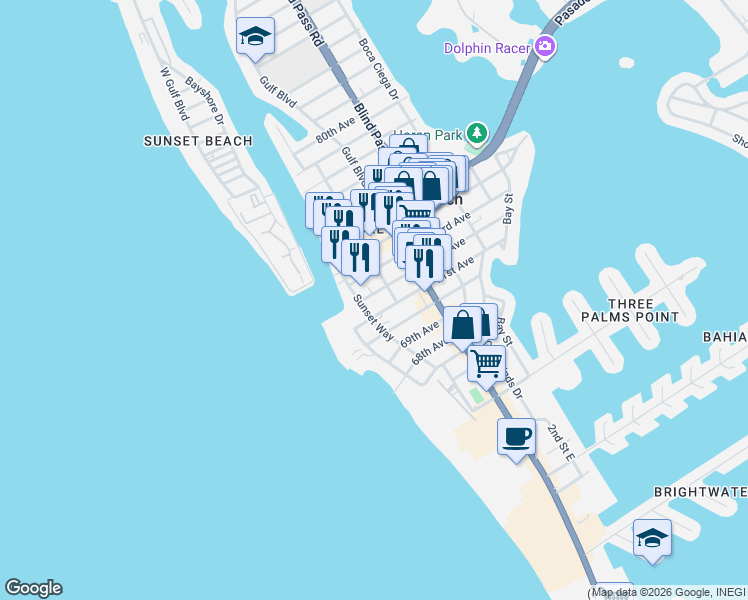 map of restaurants, bars, coffee shops, grocery stores, and more near 605 72nd Avenue in St. Pete Beach