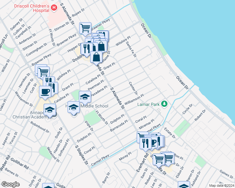 map of restaurants, bars, coffee shops, grocery stores, and more near 453 Santa Monica Place in Corpus Christi