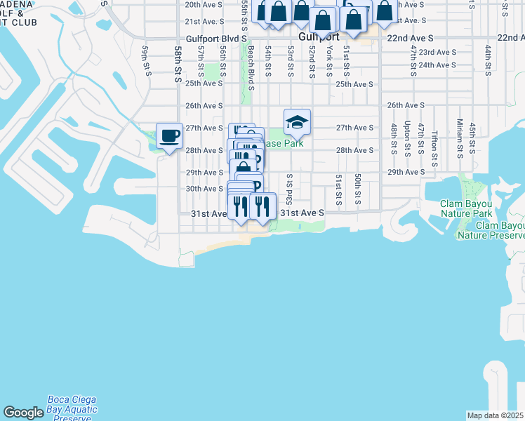 map of restaurants, bars, coffee shops, grocery stores, and more near 5417 31st Avenue South in Gulfport