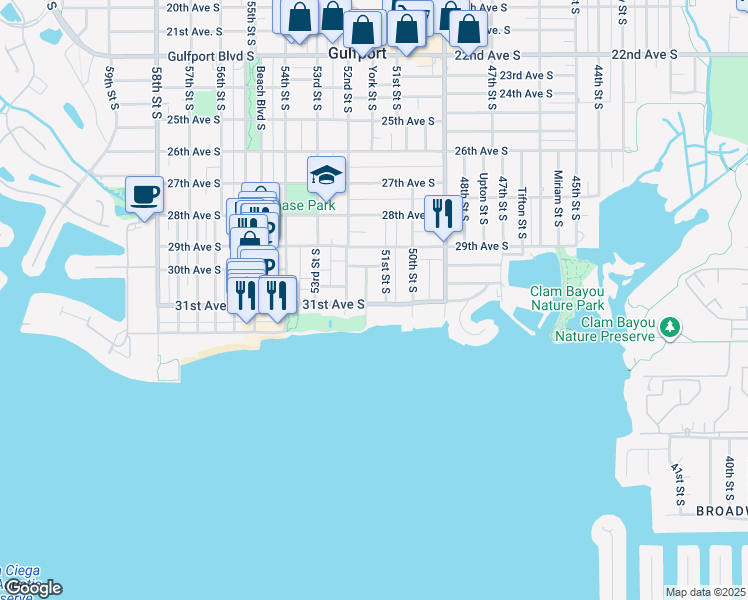 map of restaurants, bars, coffee shops, grocery stores, and more near 3025 51st Street South in Gulfport