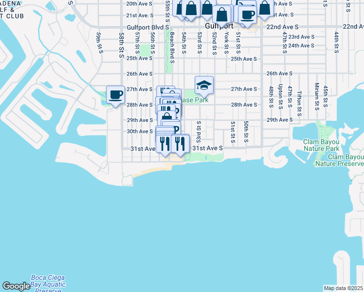 map of restaurants, bars, coffee shops, grocery stores, and more near 5409 Delette Avenue South in Gulfport