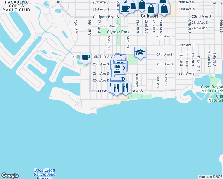 map of restaurants, bars, coffee shops, grocery stores, and more near 3032 56th Street South in Gulfport