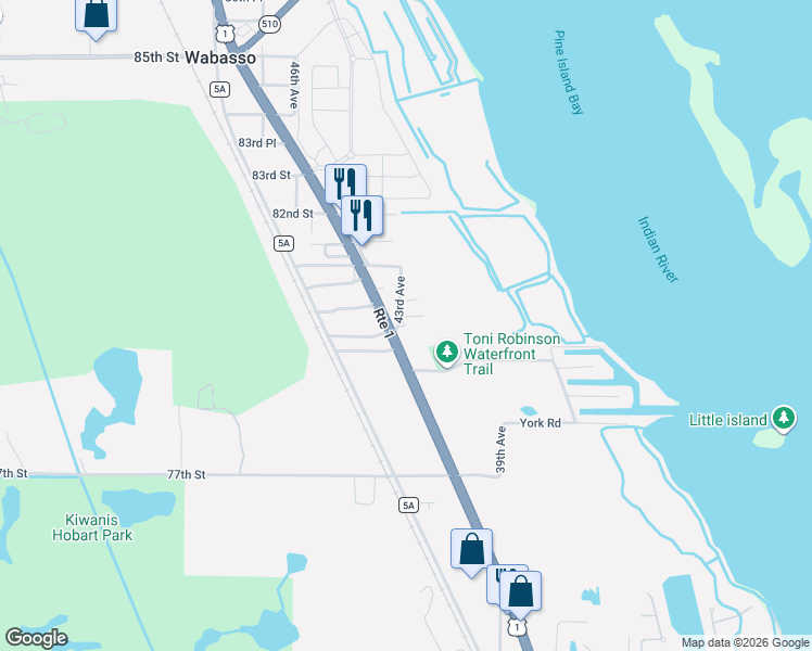 map of restaurants, bars, coffee shops, grocery stores, and more near 8000 43rd Avenue in Vero Beach