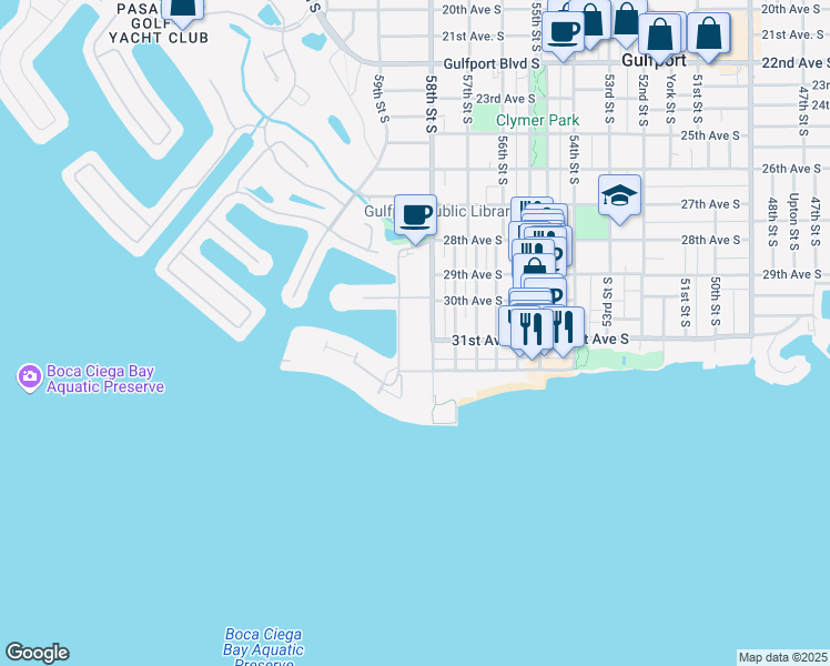 map of restaurants, bars, coffee shops, grocery stores, and more near 3010 59th Street South in Gulfport
