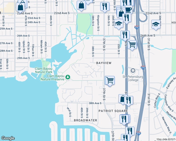 map of restaurants, bars, coffee shops, grocery stores, and more near 3223 38th Way South in St. Petersburg