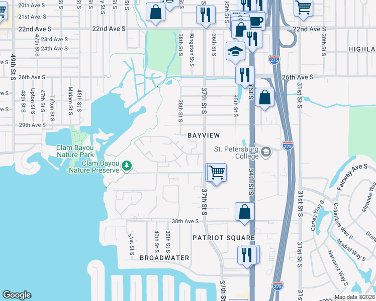 map of restaurants, bars, coffee shops, grocery stores, and more near 3135 37th Lane South in St. Petersburg