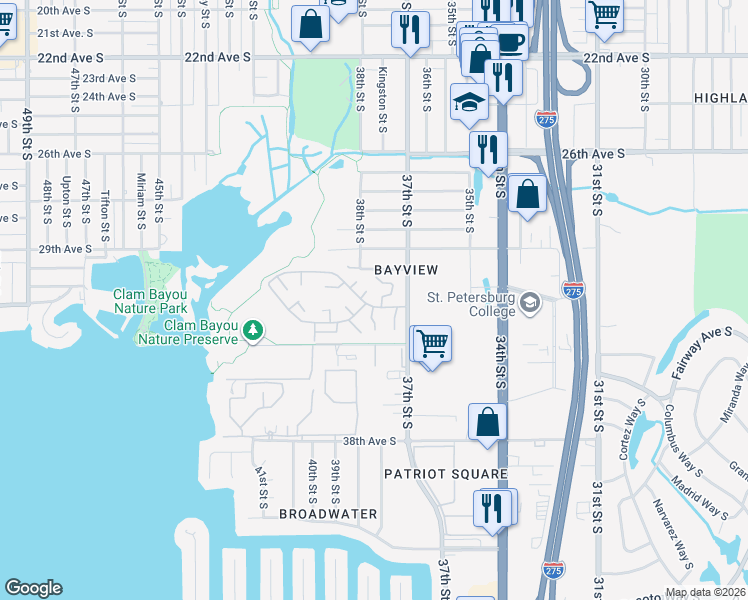 map of restaurants, bars, coffee shops, grocery stores, and more near 3135 37th Lane South in St. Petersburg