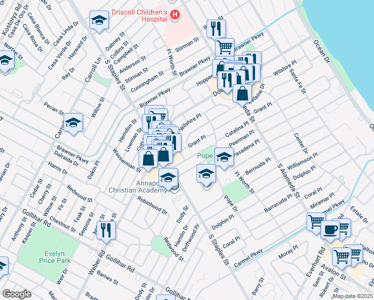 map of restaurants, bars, coffee shops, grocery stores, and more near 1009 Grant Place in Corpus Christi