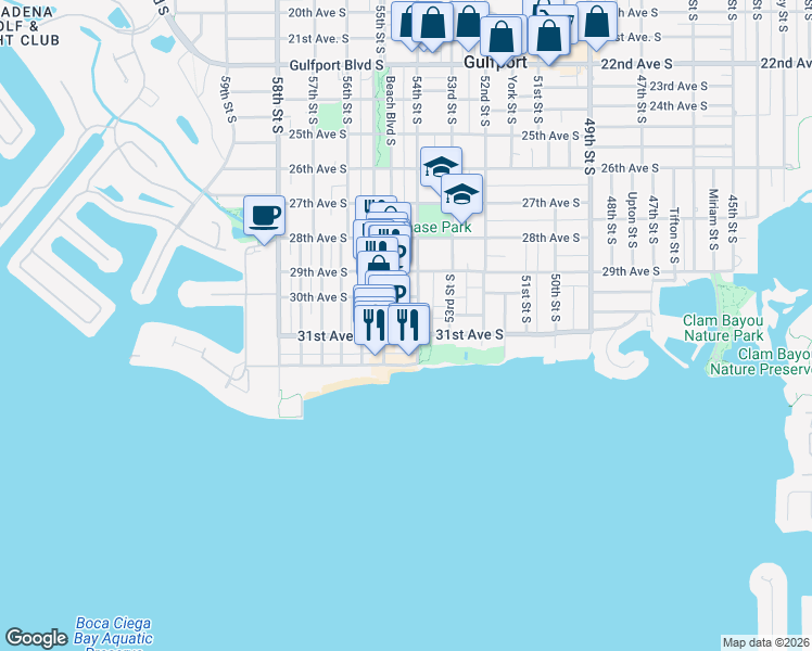 map of restaurants, bars, coffee shops, grocery stores, and more near 5409 Delette Avenue South in Gulfport