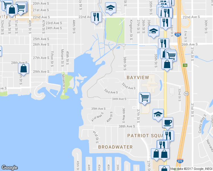 map of restaurants, bars, coffee shops, grocery stores, and more near 3265 40th Way S in St Petersburg