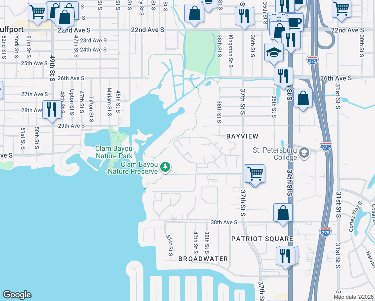 map of restaurants, bars, coffee shops, grocery stores, and more near 3265 40th Way South in St. Petersburg