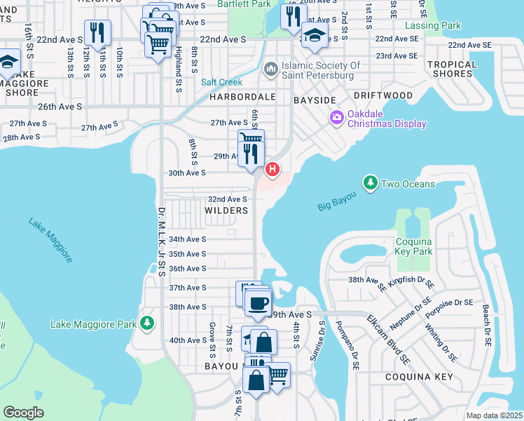 map of restaurants, bars, coffee shops, grocery stores, and more near 600 32nd Avenue South in St. Petersburg